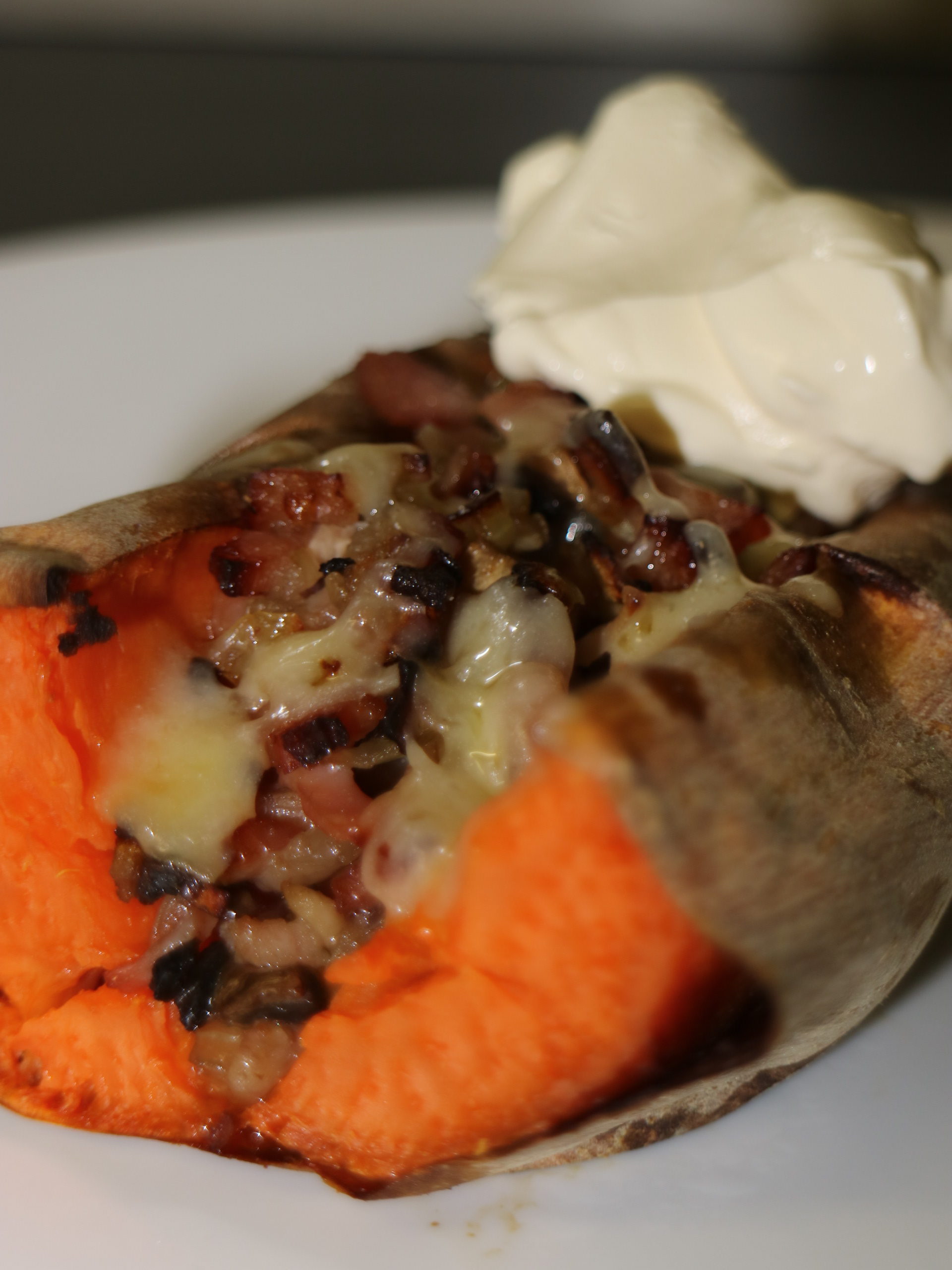 Stuffed Sweet Potatoes with a Cheese and Bacon Filling